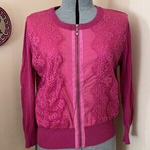 XOXO Womens Cardigan Sweater Pink Lace Front Full Zip Long Sleeve Knit Top sz M